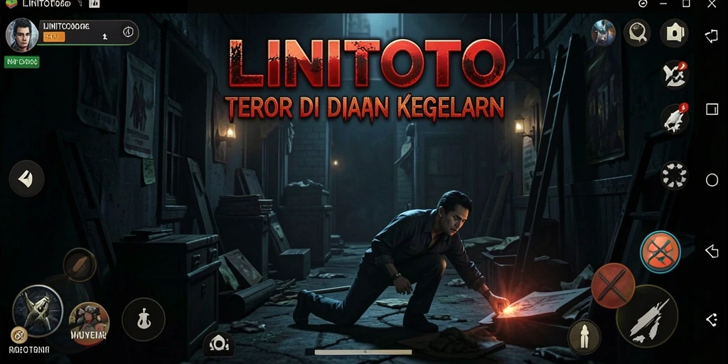 Screenshot utama LINITOTO menampilkan suasana mencekam dan karakter iblis.