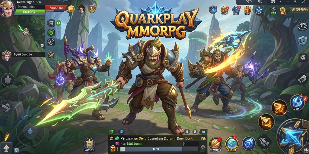 Screenshot utama QUARKPLAY yang menunjukkan pertarungan epik dalam dunia MMORPG.